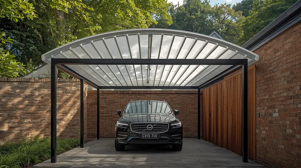 Contemporary polycarbonate carport with black frame and vehicle parked underneath