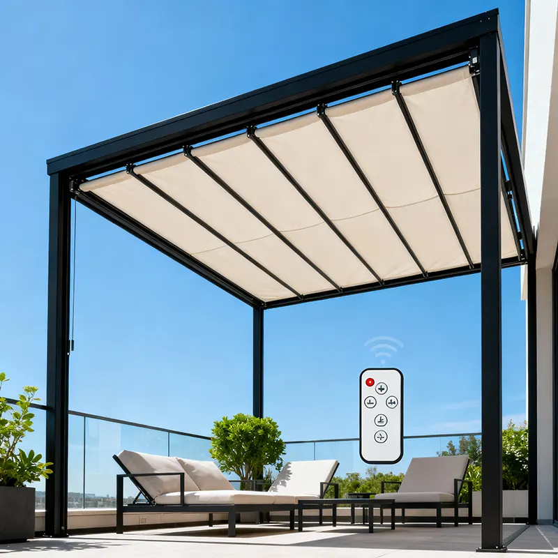 A modern retractable folding shed roof with a sleek black steel frame and light-colored waterproof fabric, installed over a terrace with minimalist outdoor lounge furniture and background greenery