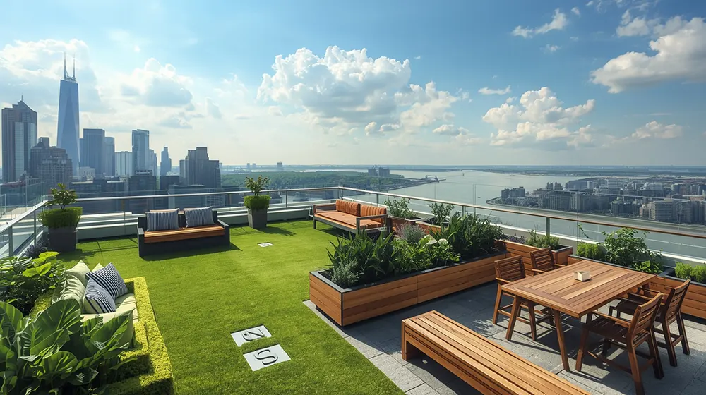 Modern Rooftop Garden Terrace with Scenic City and River Views