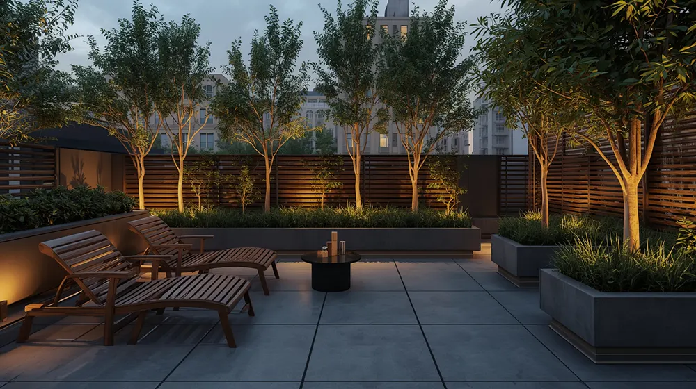 A tranquil rooftop terrace in the city at dusk features wooden lounge chairs beside a round table, surrounded by leafy trees and plants in concrete planters. Warm ambient lights accentuate the greenery and slatted wooden privacy screens amid a backdrop of urban buildings