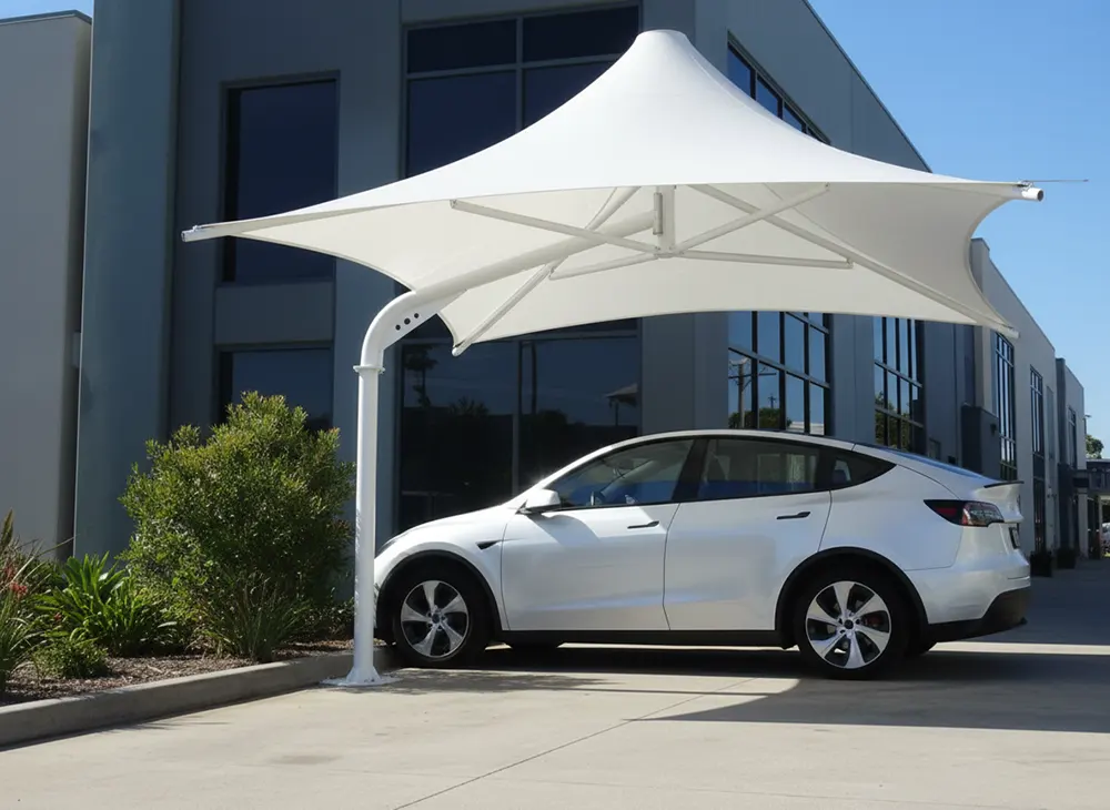 Modern Single Post Tensile Fabric Car Parking Canopy with White SUV
