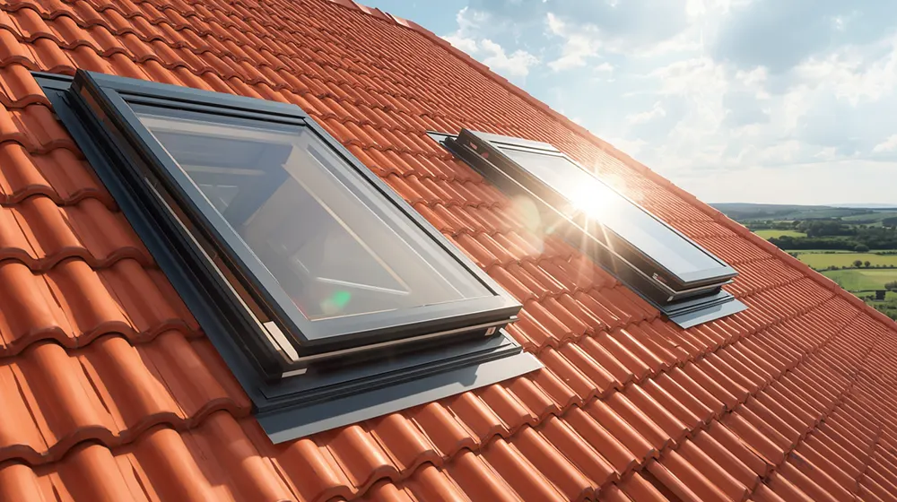 A close-up of two sleek, contemporary skylight windows installed in a sloped roof with bright red clay tiles. The skylights reflect the sky and sun, while the background shows an open rural landscape with green fields under a partly cloudy blue sky, highlighting the integration of natural liht and modern roofing design.