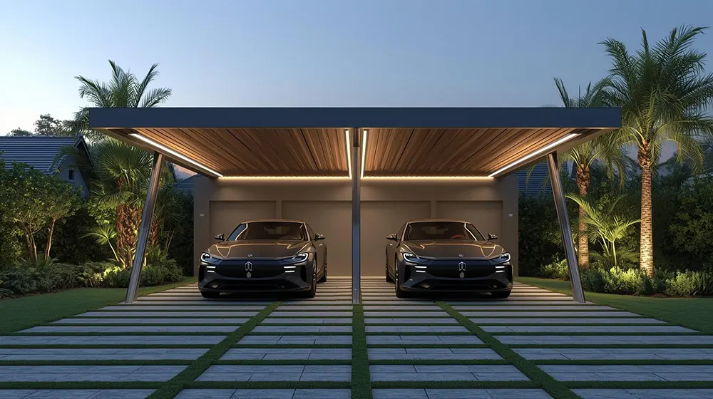 Contemporary double car parking shed with a slanted roof and wood slat ceiling, integrated strip lighting, two black luxury sedans parked side by side, illuminated landscaping with palm trees, geometric tile driveway, modern residential garden setting during early evening