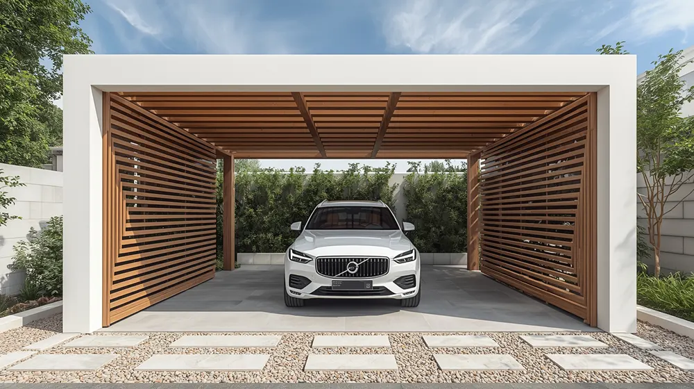 Contemporary car parking shelter with white frame, slatted timber privacy walls and open timber roof, white luxury SUV parked inside, tiled driveway, green hedge background, minimal landscaping, modern home driveway setting
