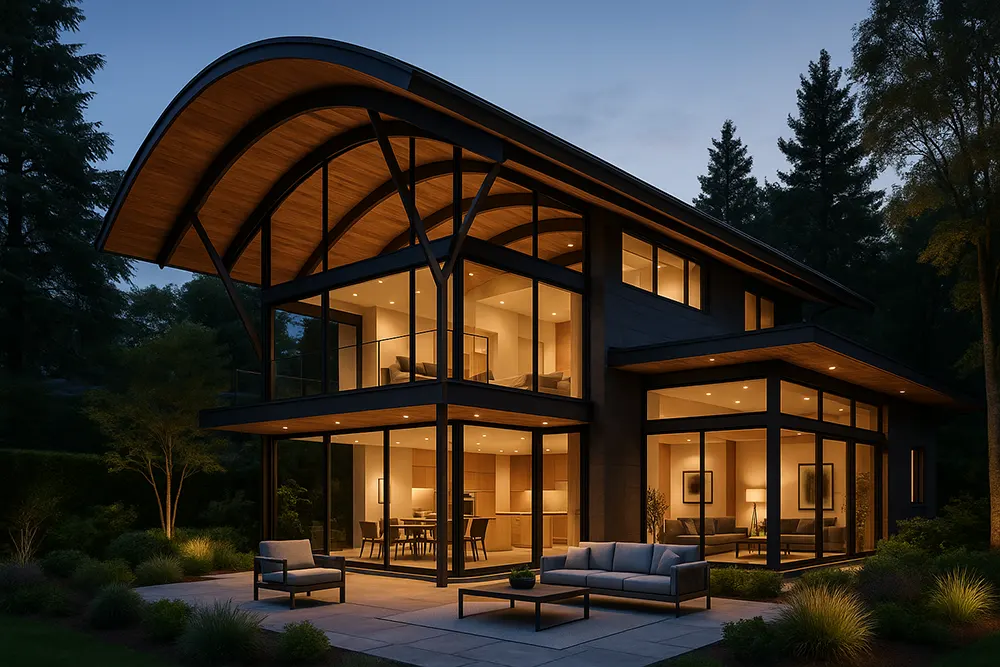 A contemporary two-storey house featuring a dramatic curved wooden roof with exposed beams and large glass windows, warmly illuminated in the evening. The home includes spacious outdoor seating areas, surrounded by landscaped greenery and tall trees, creating a luxurious and inviting atmosphere.