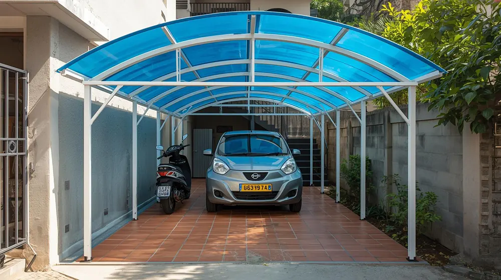 Narrow residential driveway car parking shed featuring a bright blue curved polycarbonate roof and sturdy white metal frame, compact silver hatchback parked underneath, black scooter positioned next to the car, terracotta tile flooring, attached to the side of a house, lush green foliage and concrete boundary wall visible, practical modern space-saving design for urban Indian homes SEO Short ALT (backup): Narrow car parking shed with blue polycarbonate roof and silver hatchback parked beside a scooter in a residential driveway How to use: Use the title as the image filename or title tag. Use the ALT description for SEO and accessibility within your website's tag or CMS fields. Keywords included: car parking shed, blue polycarbonate roof, white metal frame, silver hatchback, scooter, residential driveway, urban Indian home, space saving design