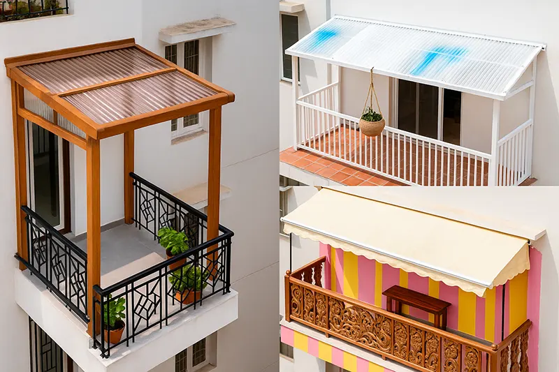 Illustration showing three Indian apartment balconies with different shed styles: a steel frame rain shed, a modern polycarbonate shed, and a retractable rolling shed, each featuring unique railings, colors, and design aesthetics to represent diverse balcony covering solutions