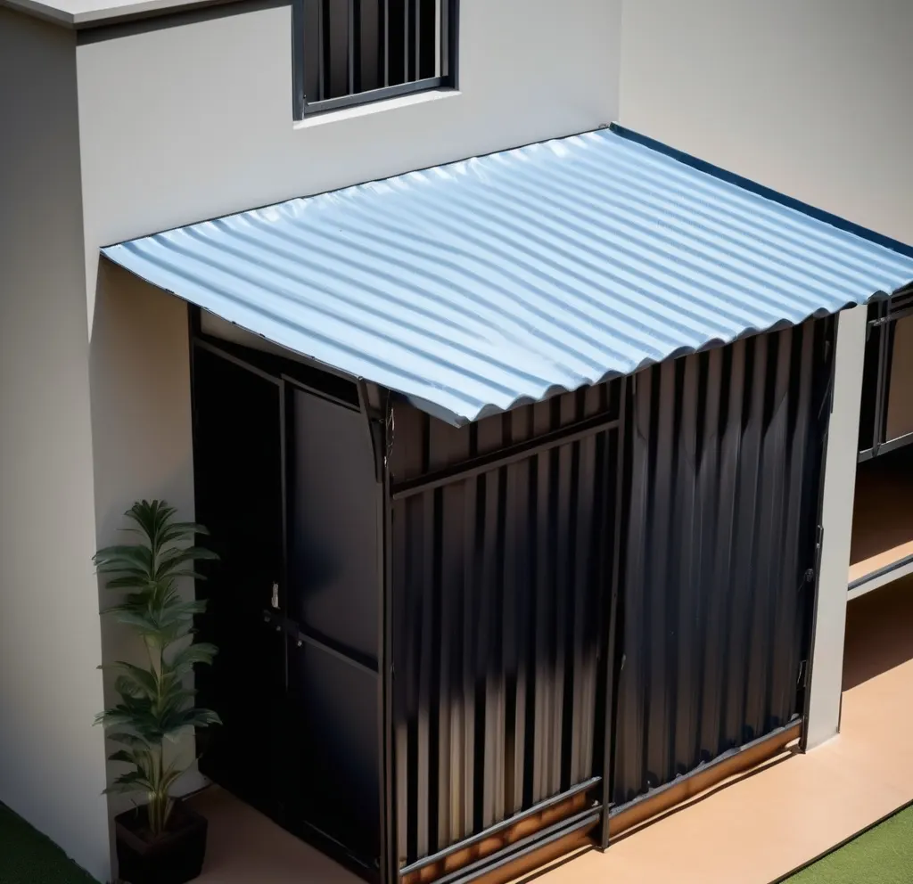 Compact pre-engineered metal shed attached to a modern building exterior, featuring a blue corrugated sheet roof, black corrugated metal wall panels, a black door, and a potted plant near the entrance on a clean paved surface.