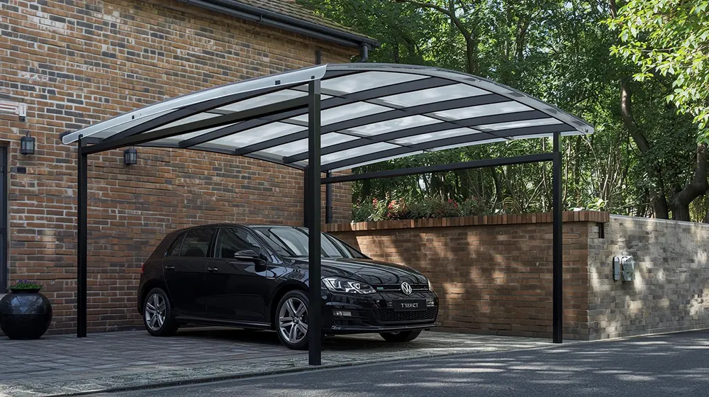 Premium residential car parking shed with polycarbonate roof and integrated landscaping