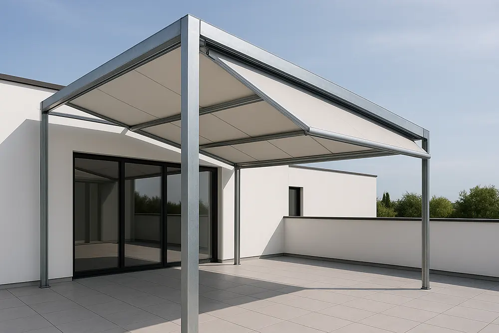 A retractable folding shed roof with a light-colored fabric canopy and a durable galvanized steel frame, installed on a minimalist rooftop terrace. The structure provides shade over a clean, tiled patio area next to a modern white building with large glass doors.