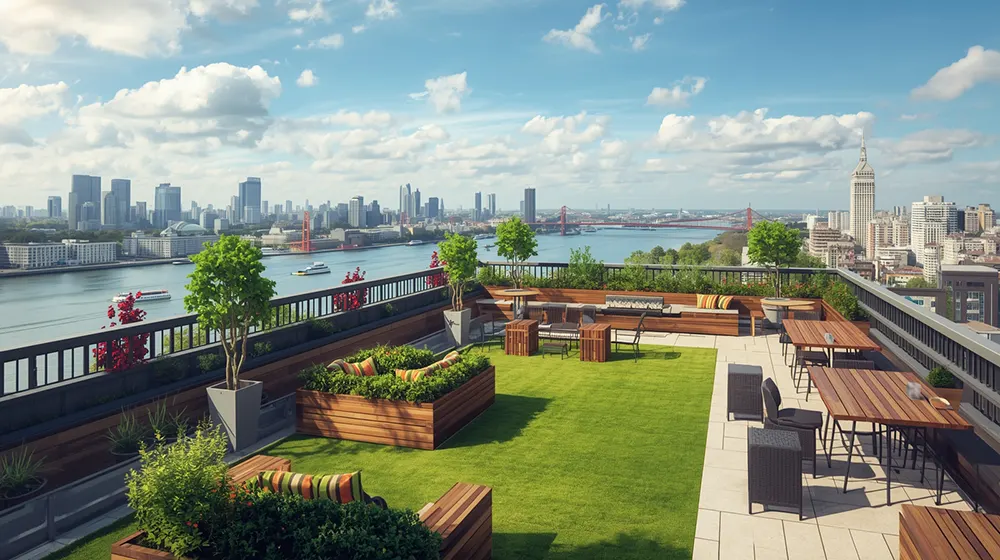 Rooftop Retreat with Green Lawns Plant Beds and Modern Furnishings