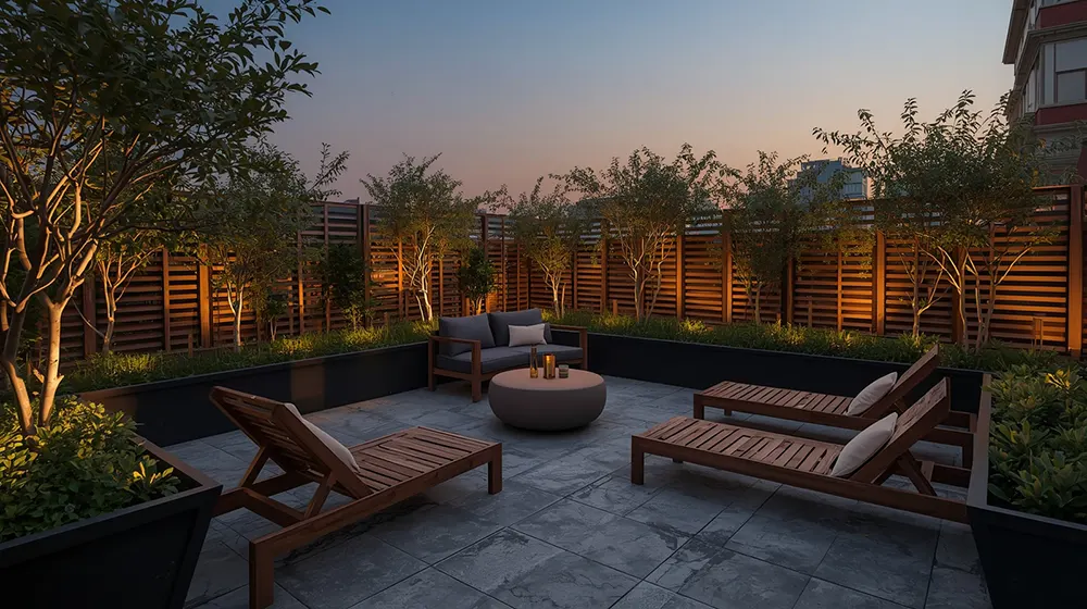 A serene, square-shaped rooftop garden features wooden loungers and a loveseat set around a circular table with candles. Lush green planters and slender trees are softly up-lit, complemented by modern privacy fences as daylight fades