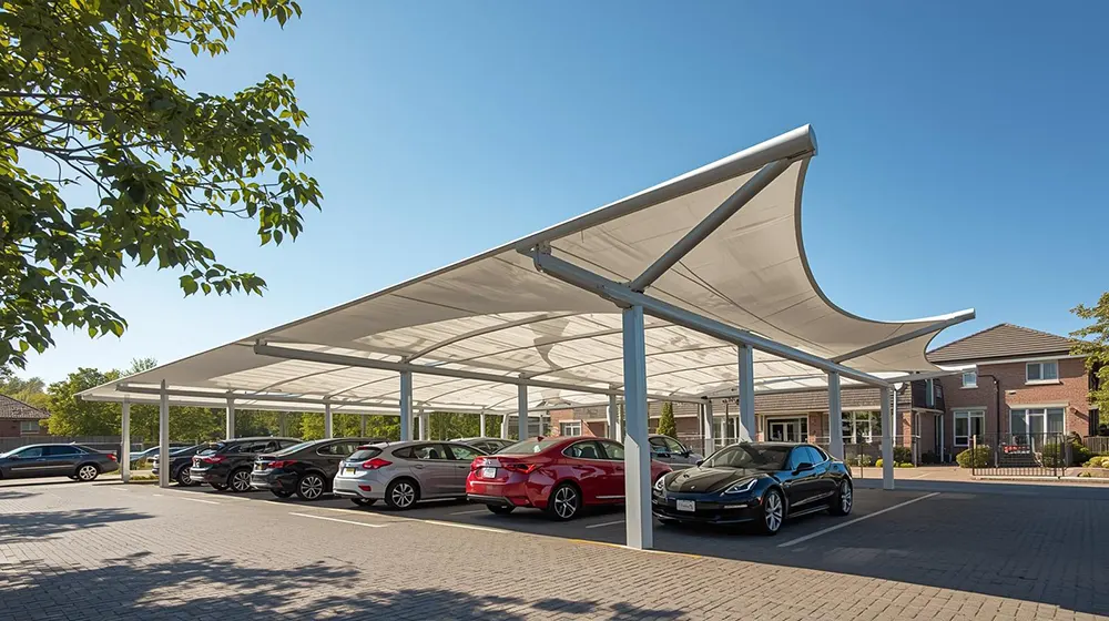 Sail-style tensile fabric car parking shed with curved white architectural membrane and steel support system, multiple vehicles parked below, modern design maximizes weather protection and aesthetic light diffusion, perfect for apartment buildings or commercial complexes seeking elegant functional outdoor parking solutions