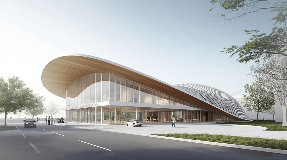 Sleek Minimalist Structure with Organic Curved Roof and Glass Facade