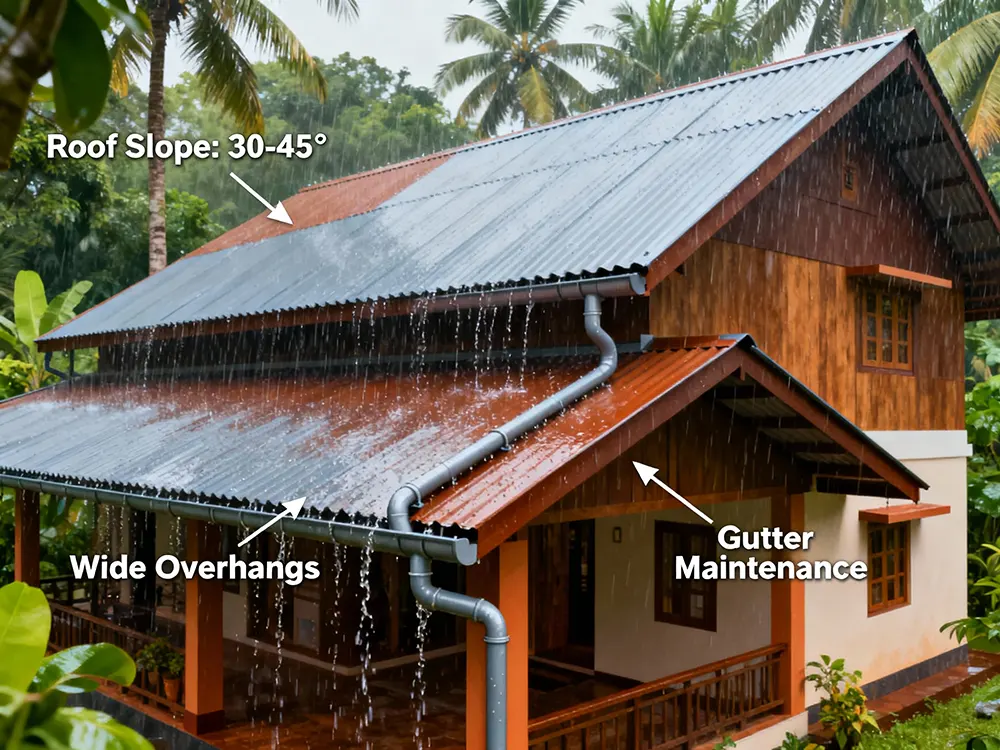 An illustrated tropical house in Kerala’s lush landscape, featuring a steep sloped roof (30-45 degrees) covered in color-coated steel sheets. Water streams rapidly off the roof into visible gutters and downspouts, while 60-90cm overhangs shield the exterior walls from heavy monsoon rain. The design showcases effective rainwater management and maintenance features, promoting waterproofing and protection in a high-rainfall region