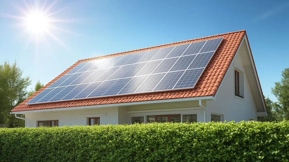A suburban house with a sloped red-tile roof covered in solar panels, bright sunlight reflecting off the panels. The home sits behind a tall green hedge, with a clear blue sky above and leafy trees surrounding it, symbolizing renewable energy in residential settings