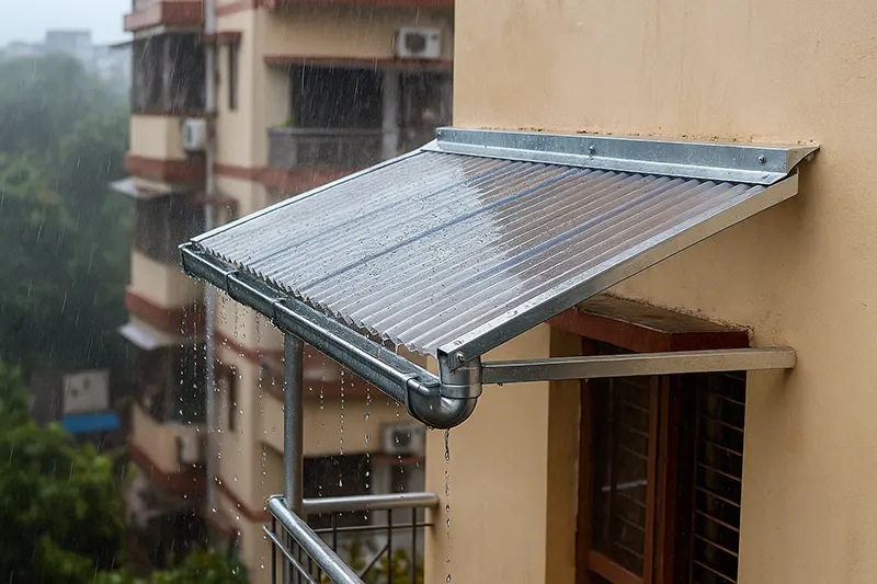 Illustration of a traditional Indian balcony rain shed featuring a sturdy mild steel frame and sloped polycarbonate panels for effective water runoff, with aluminum supports and visible drainage design, protecting the balcony from heavy monsoon rain against an apartment building backdrop