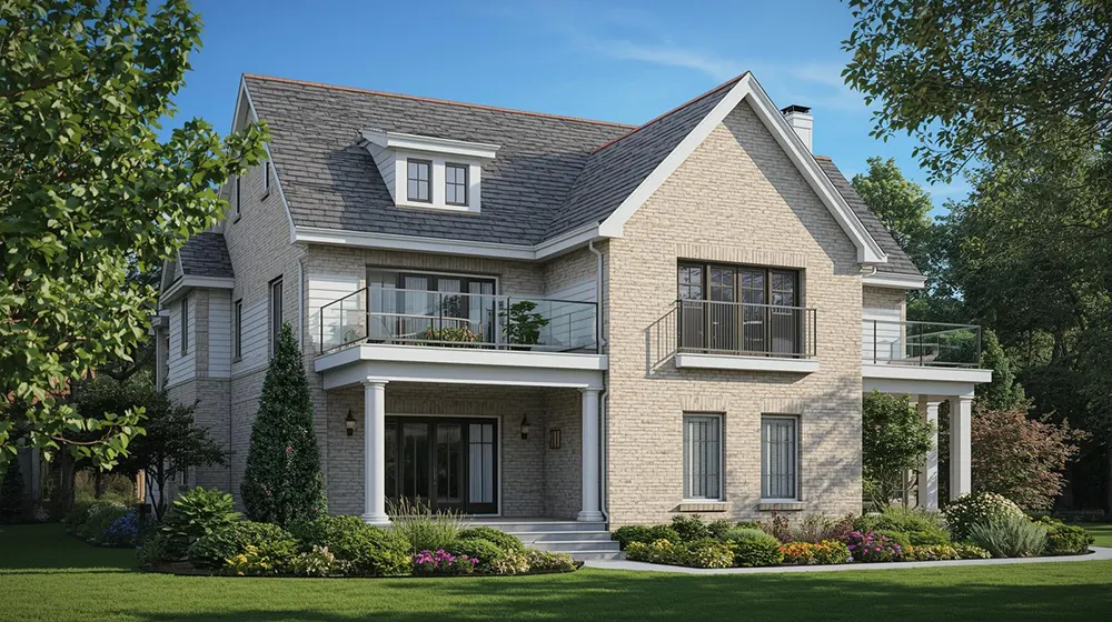 A beautiful two-story house featuring a complex multi-gable roof design, light tan brick exterior, elegant glass balcony railings, and white trim. The home is surrounded by lush landscaping, colorful flowerbeds, and mature trees under a bright blue sky