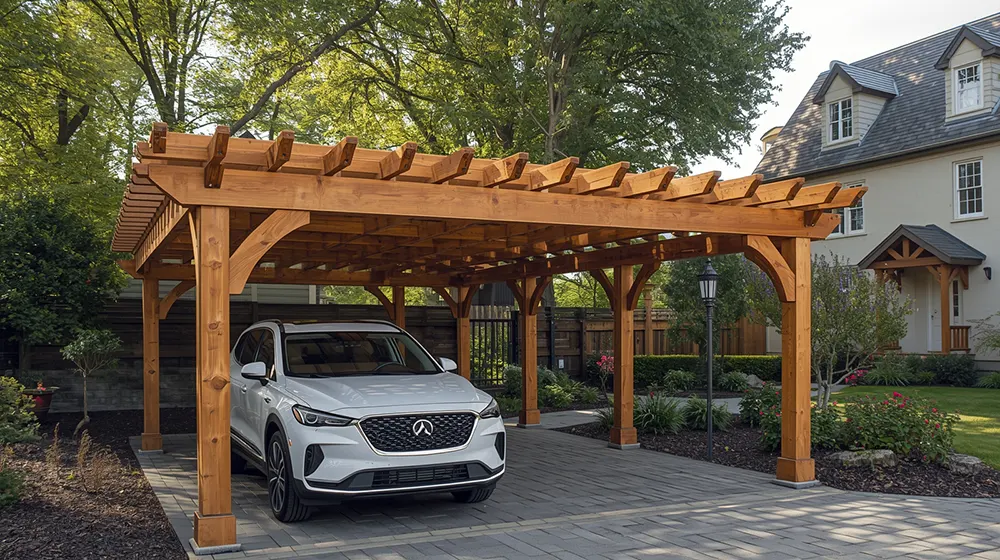 Traditional wooden pergola car parking shed featuring natural timber beams and open lattice roof, white SUV parked underneath, elegant landscaped garden with flowering plants and trees, classic residential home architecture in the background, aesthetic and functional outdoor car shelter design for premium homes