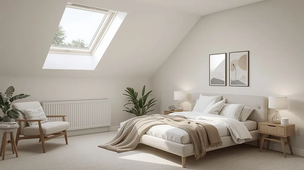 A calm attic bedroom with a soft upholstered bed, light wood bedside tables and a comfy chair, all accented by gentle natural light from a single skylight. Minimalist wall art, indoor plants, and neutral furnishings create a peaceful, airy retreat