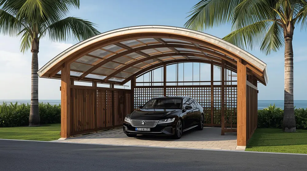 Tropical-inspired car parking shed featuring a curved timber frame and transparent polycarbonate panels, elegant black sedan parked below, open geometric latticework sides, palm trees, ocean backdrop, lush green landscaping