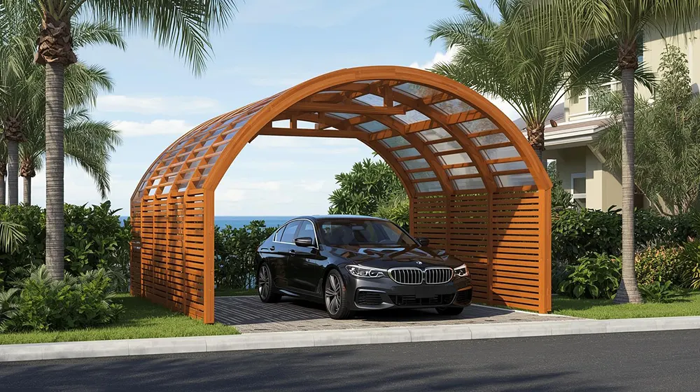 Tropical-inspired single car parking shed with an arched wooden frame and transparent polycarbonate roof panels, black luxury sedan parked inside, surrounded by palm trees and lush greenery, architectural accent for upscale island or coastal homes