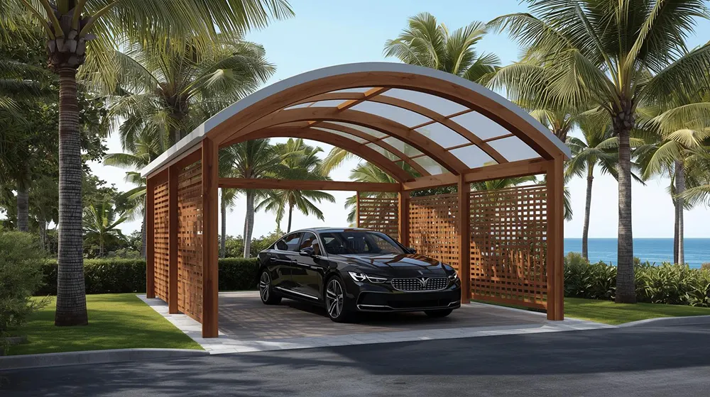 Tropical arched roof car parking shed with curved timber frame, transparent polycarbonate panels, geometric lattice privacy walls, luxury black sedan parked beneath, palm trees, ocean view, manicured green grass, upscale seaside driveway