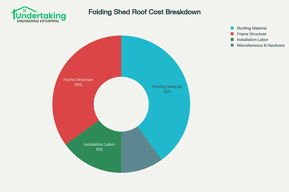 Detailed chart illustrating the typical cost breakdown for folding shed roof installation in India. The visual displays percentage allocations for roofing materials, frame structure, labor, and miscellaneous components, highlighting key factors affecting overall project costs for residential, commercial, and industrial applications.