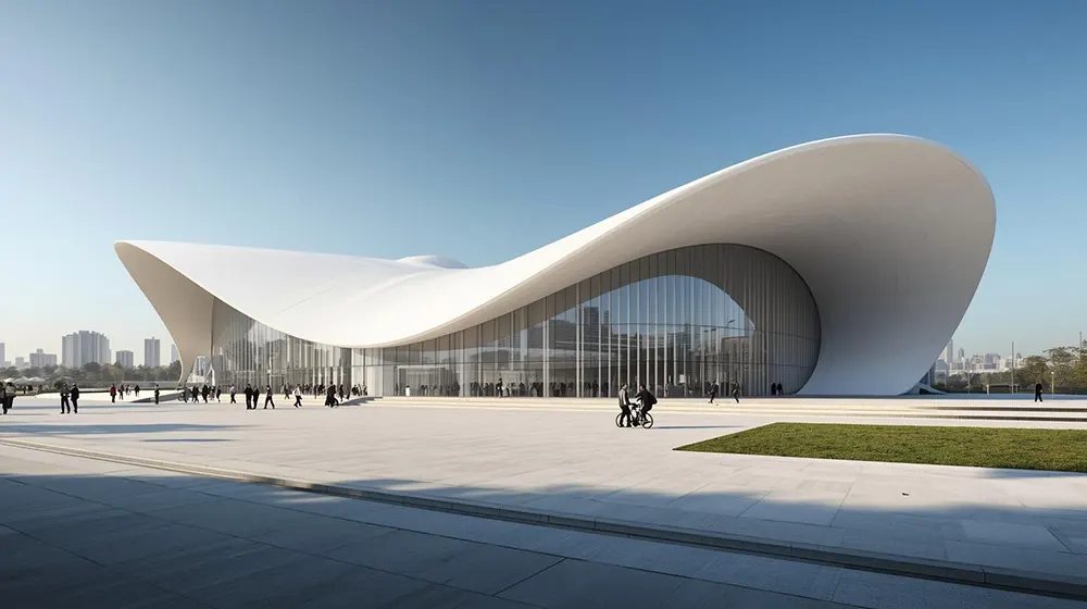 A futuristic cultural center featuring a striking, undulating white roof that flows in sweeping curves above wide glass walls. The building stands on an expansive public plaza with sparse landscaping, and visitors walk and cycle in the foreground with a bright, clear sky and city skyline in the background