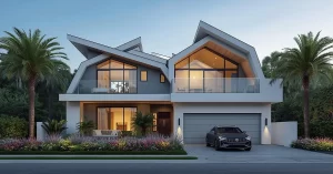 A stunning two-story contemporary home featuring dramatic angular roofs, expansive glass balcony railings, and floor-to-ceiling windows. The house is framed by tall palm trees and lush tropical landscaping, while soft evening light glows from the interior and reflects on the sleek white and gray facade. A luxury car is parked in the driveway, completing the elegant and inviting scene