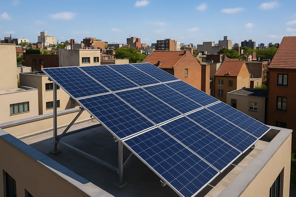 A large rooftop solar panel installation on a modern, flat-roofed building in a dense urban neighborhood. The blue solar panels are mounted on a raised metal structure, angled to catch maximum sunlight, with a variety of buildings and cityscape in the background under a bright blue