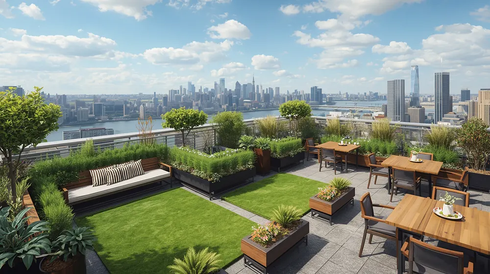 A stylish rooftop garden full of raised planters, shaped shrubs, trees, and cozy benches surrounds wooden dining tables and chairs. Sweeping cityscape and river views provide a dramatic backdrop under bright blue skies and scattered white clouds