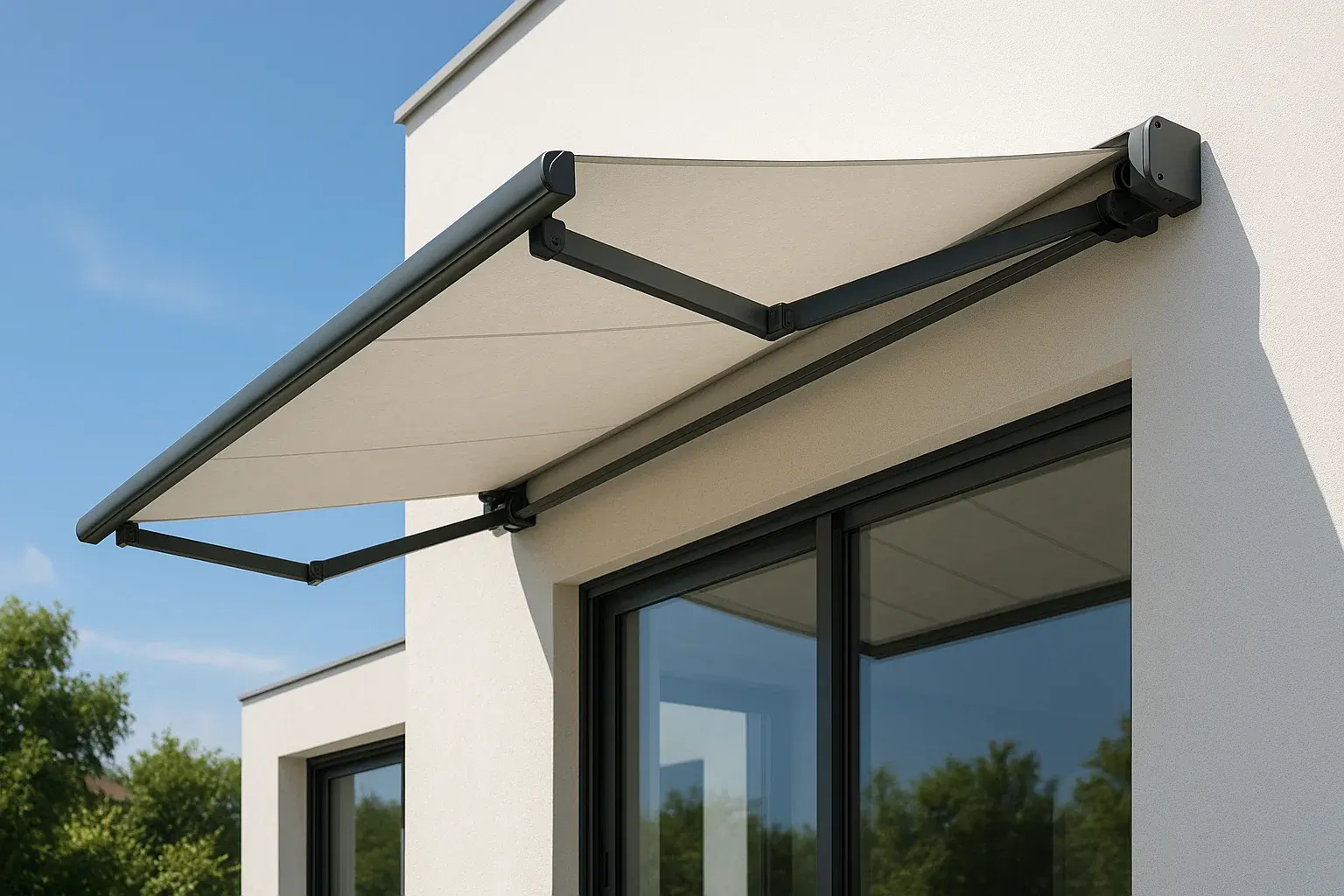 A sleek, wall-mounted folding shed roof awning with a dark gray frame and a light-colored fabric canopy. The awning is extended over a set of large glass sliding doors on a modern, white-walled building, providing shade from the bright sun.
