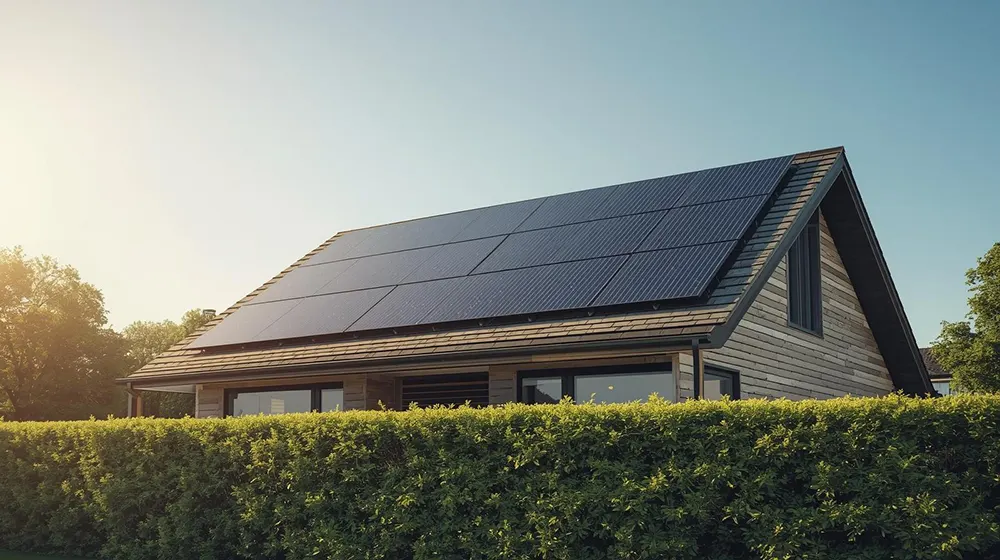 Wooden Modern Home with Dark Solar Panels at Sunset