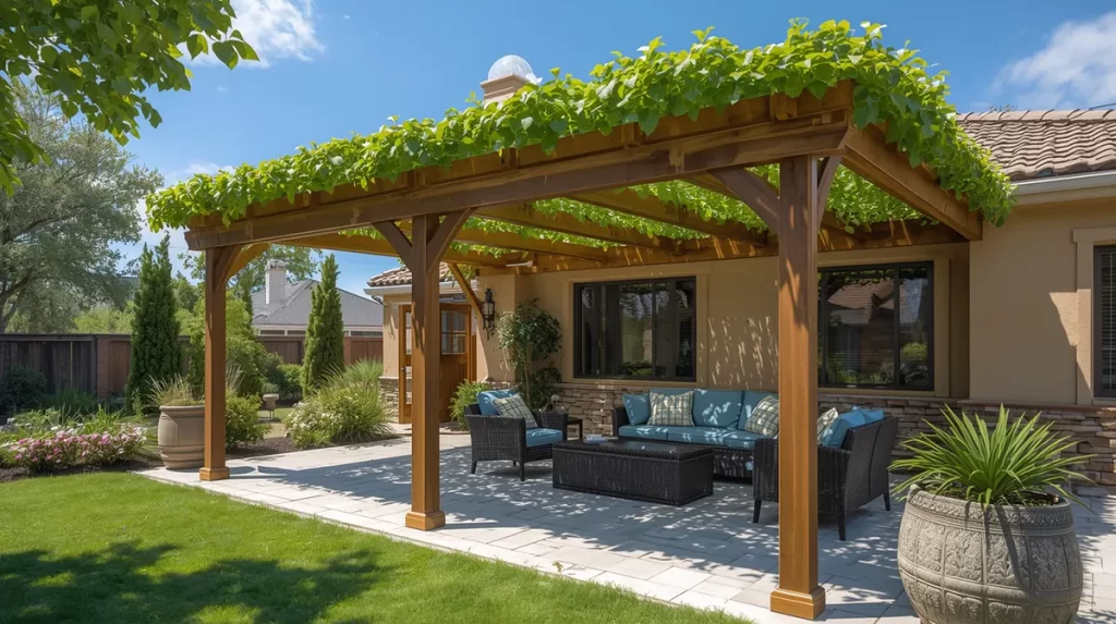 Beautiful wooden pergola balcony shed covered with lush green vines, shading a stylish outdoor seating area with black wicker sofas and blue cushions. The shed is attached to a contemporary house, surrounded by landscaped garden, potted plants, and vibrant greenery, perfect for natural, eco-friendly outdoor living