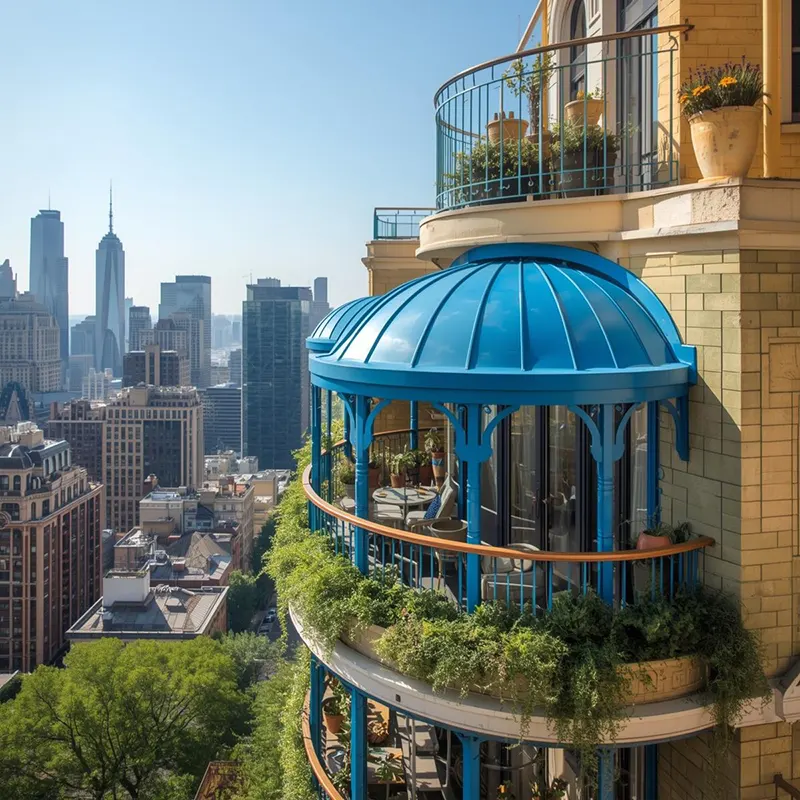 Architectural bright blue metal hipped roof shed installed on a curved apartment terrace, round design supported by blue steel columns, integrated into a vintage yellow and green Art Deco building facade, surrounded by lush potted plants and urban cityscape, unique residential shade structure