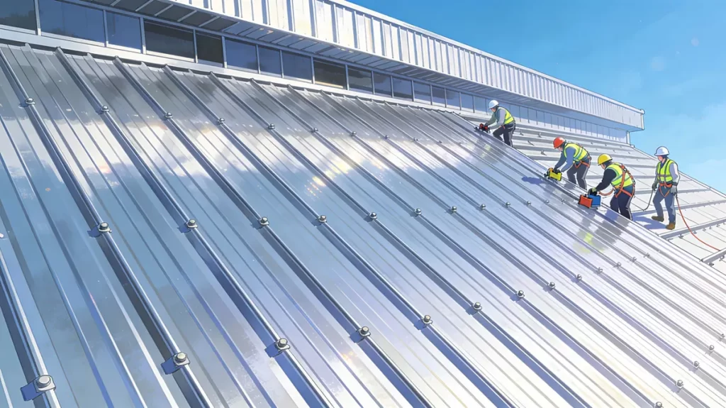 Installers in helmets and reflective vests fit corrugated galvanized metal roofing sheets on a modern factory/warehouse roof under a clear blue sky, with visible ridges, aligned panels, and safety harnesses