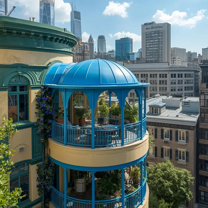Architectural blue domed metal gazebo installed on a multi-level curved apartment terrace, intricate Victorian-style ironwork columns and railings, surrounded by lush potted plants and colorful flowers, overlooking a sunny urban skyline with modern skyscrapers, unique luxury outdoor living space