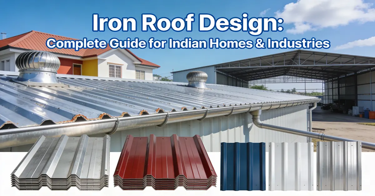 Professional featured image showing various types of iron roof designs including corrugated galvanized steel sheets, color-coated metal roofing, and self-supported steel structures. Image displays residential home with metal roofing, industrial warehouse with large-span steel roof, ventilation turbo ventilators, guttering systems, and samples of different roofing materials (GI, color-coated, galvalume). Text overlay reads "Iron Roof Design: Complete Guide for Indian Homes & Industries" with clear blue sky background and modern professional design aesthetic