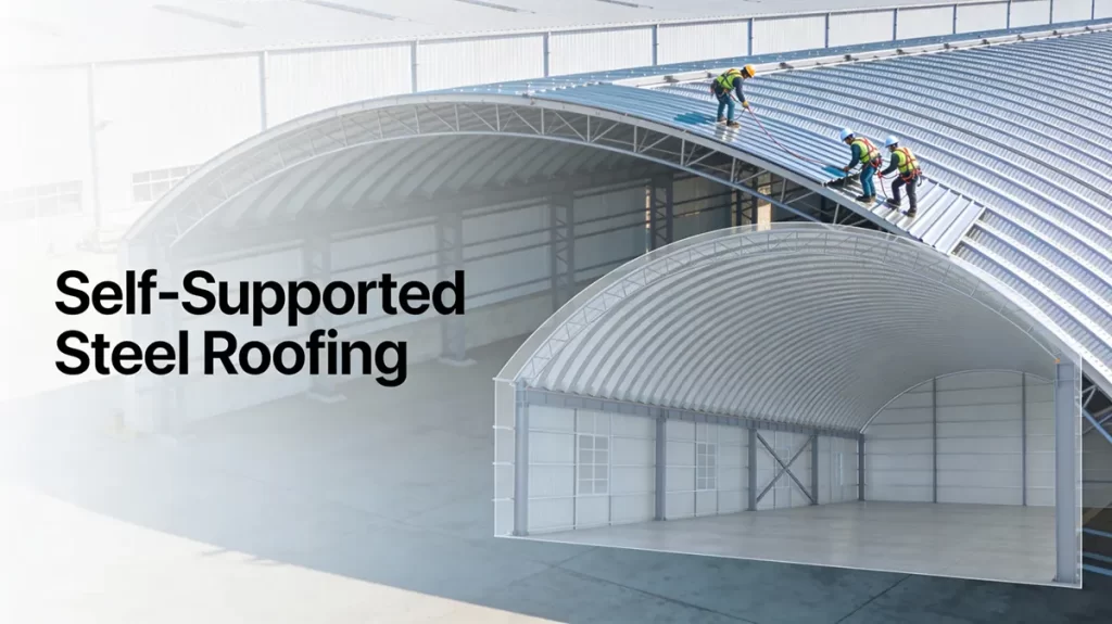 Wide-span industrial warehouse with a self-supported, trussless arched steel roof, showing a clear unobstructed interior span and a small crew installing curved interlocked steel panels using safety helmets, reflective vests, and harnesses