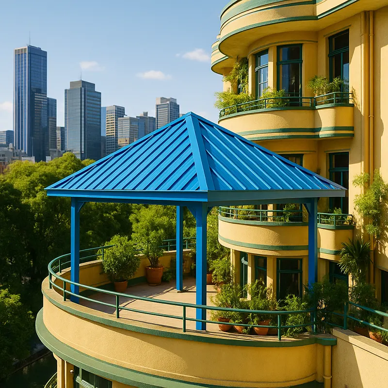 Vibrant Blue Metal Terrace Gazebo on Art Deco Building