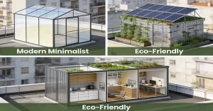 Infographic grid showcasing four distinct rooftop shed styles