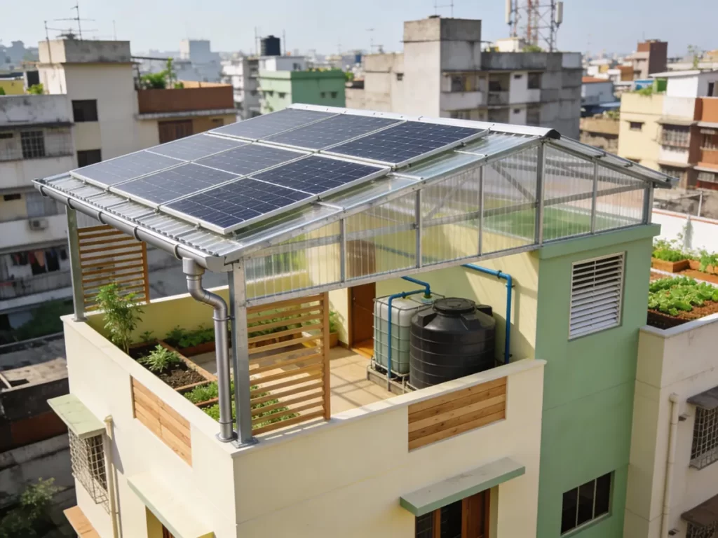 An eco-friendly rooftop shed design on an urban residential building, featuring integrated solar panels on a translucent polycarbonate roof, a rainwater harvesting system with gutters and water tanks, and a rooftop garden area