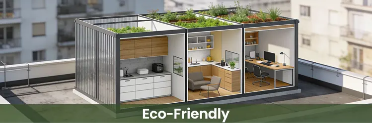 A modern minimalist rooftop shed featuring a sleek black metal frame, a transparent glass pitched roof, and translucent polycarbonate wall panels, designed as a clean and functional storage or workspace solution for urban terrace living