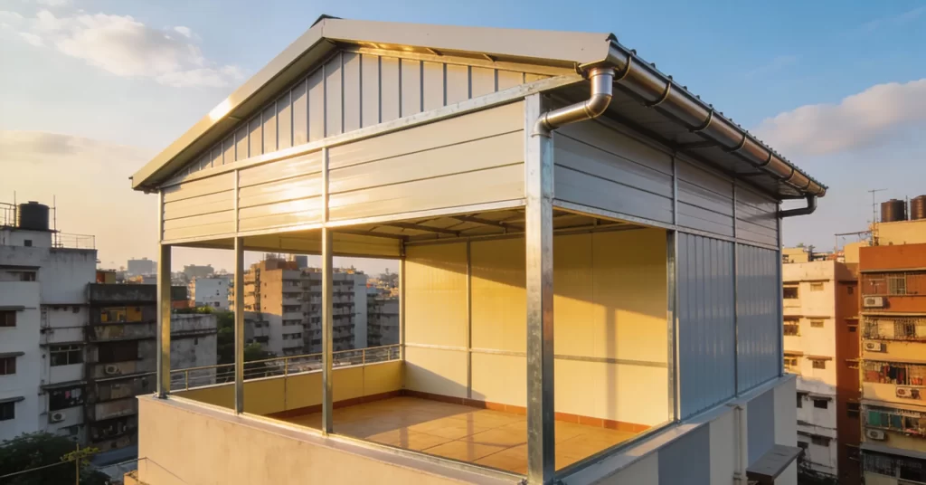 Professional rooftop shed installed on an urban apartment building, featuring a galvanized steel frame, light-colored insulated wall panels, pitched metal roof with guttering, and an open terrace area overlooking the city at golden hour