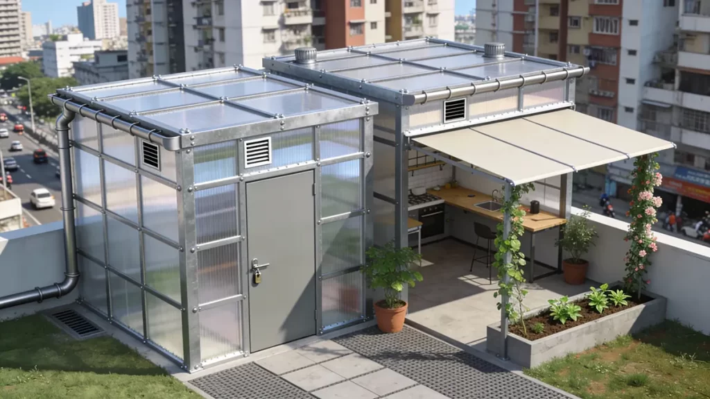 Multi Functional Rooftop Shed Design Integrated Storage and Workspace Solution