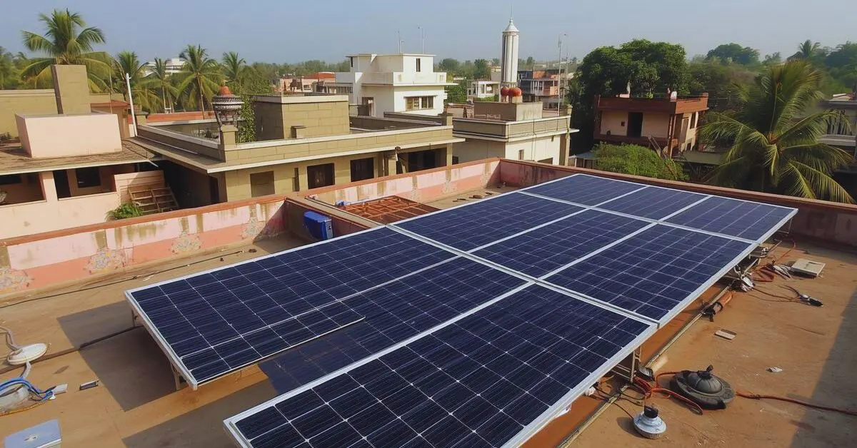 Rooftop solar panel installation on a residential building in Kolkata, West Bengal, showing 12 blue polycrystalline solar panels mounted on a flat terrace with neighboring houses and palm trees in the background